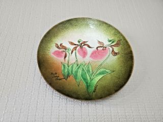 Margaret Ratcliff Enamel On Copper Plate Pink Lady’s Slippers Orchids 7  W