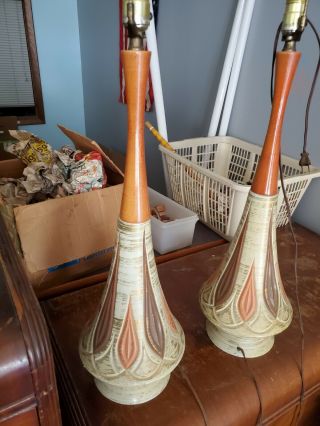 Vintage Mid Century Modern Lamps Ceramic With Wood Upper