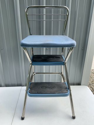 Vintage Mid Century Modern Cosco Flip Seat Step Stool Chair Kitchen Garage Blue