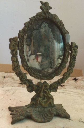 Vintage Antique Ornate Metal Oval Desk Table Mirror 10”h X 6.  5”w