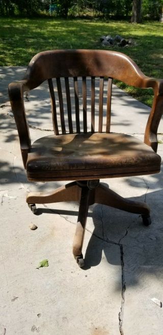 Pick Up Only Read Antique Wood Rolling Swivel Office Lawyer Banker Desk Chair