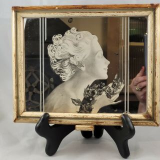 Vintage Antique Double Sided Wood Framed Art Nouveau Mirror Unique