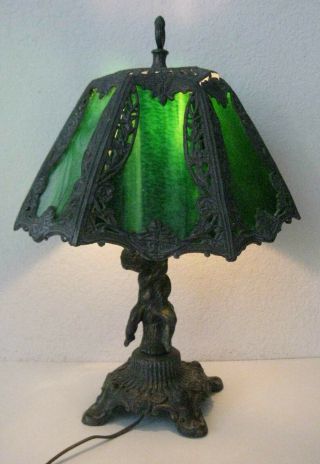 Antique Art Nouveau Cherub Lamp Lead Glass Panel Shade Mrked P.  H.  Poul Horniso?
