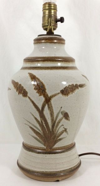 Vtg Mcm Studio Pottery 3 - Way Lamp Brown Speckled Wheat Cattail 15 " Signed Satre
