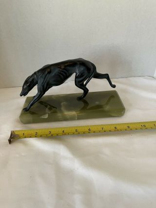Vintage Art Deco Spelter Greyhound Sculpture On Green Onyx Base