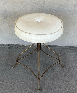 Vintage Glamorous Vanity Stool With Brass Legs And Adjustable Upholstered Seat