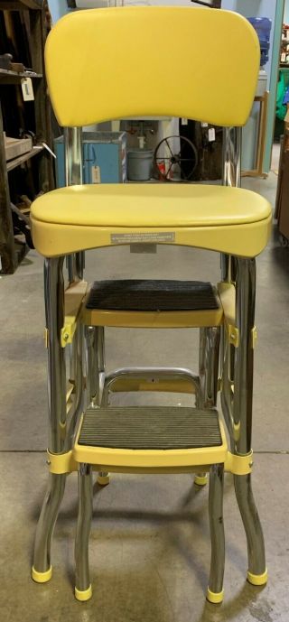 Vintage Cosco Yellow Step Stool Chair,  Padded Seat,  34 " X 12 " X 12 "