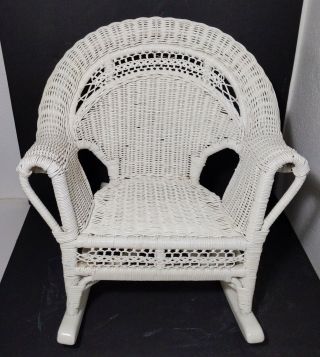 Vintage Mini Doll Child White Wicker Rattan Bamboo Rocking Chair Shabby Chic