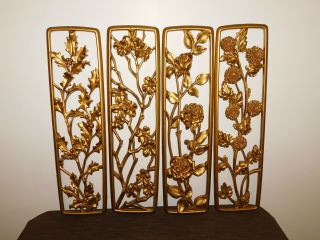 Vintage Set Of 4 Syroco 23 " X 6 " 4 Seasons Panels Flowers Wall Hang Art Plaques