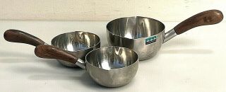 3 Vintage Mcm Lundtofte Serving Pots Wood Handles Stainless Steel Denmark Design