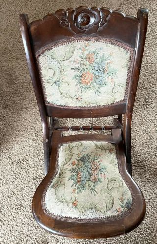 Antique Vintage Foldable Wood Rocking Chair Rocker Victorian Tapestry Wooden Vtg