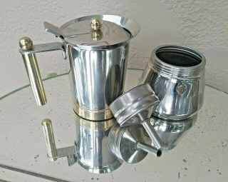 Italy Mcm Vintage Espresso Pot Vev Vigano Stainless Gold Plate Accent Inox 18/10