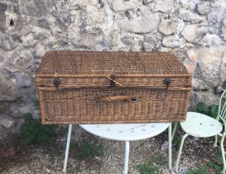 Antique French Wicker Trunk Basket Steamer Travel Large Lidded 1800s Suitcase