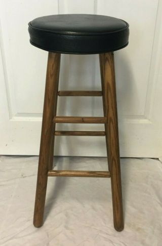 Mid Century Padded Vinyl Seat Oak Wood Bar Stool By Central Chair Co.  - Rare