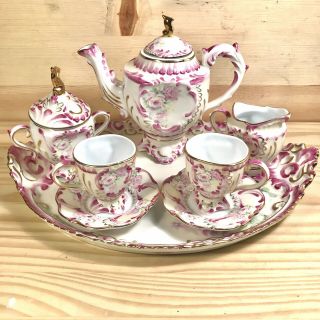 Vintage Royal Vienna Tea Set Pink Roses Floral,  Footed,  Hand Painted Gold Tone