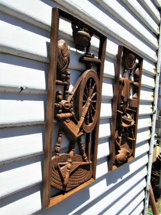 Vintage 1960 ' s Sculpted Wall Hanging Pair Spinning Wheel Burwood Products Co MCM 2