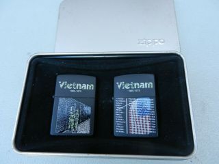 1998 Zippo Vietnam 1965 - 72 2 Lighter Set Matte Black With Tin Unfired Gift Set