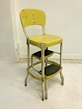 Vintage Cosco Step Stool Metal Industrial Folding Steel Chair Retro Bar Yellow