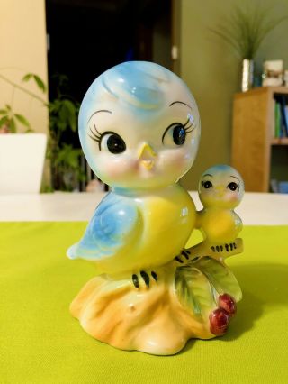 Vintage Norcrest Bluebird Bank Anthropomorphic Japan Momma & Baby Blue Bird