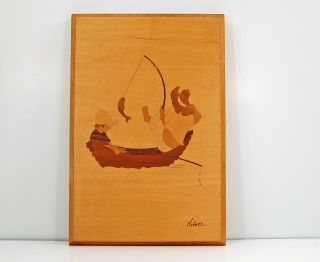 Hudson River Inlay Marquetry Picture Jeff Nelson Canoe Boat Fishing Fishermen 2