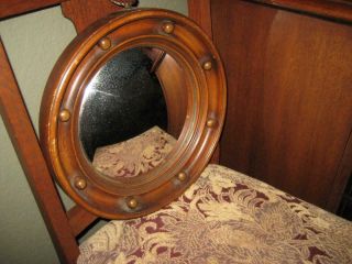 Rare Vintage Round Convex Wall Mirror Wood Frame With Gold Balls 14 " Diameter
