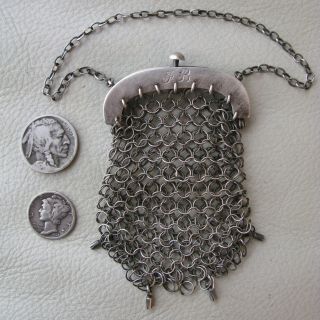 Antique Victorian Silver T Mesh Mail Old World Chatelaine Coin Purse Monogram Fb