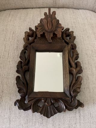 Vintage Mirror With Ornate Hand - Carved Wooden Frame