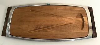 Vintage Mcm Lundtofte Serving Meat Tray Wood Insert Stainless Steel Denmark