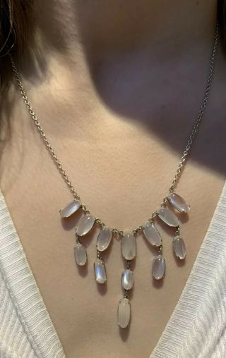 Vintage,  Solid Sterling Silver,  Natural Moonstone Festoon Drop Necklace Chain.