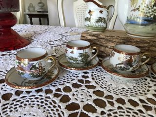 TEA SET - Vintage Eggshell Porcelain - Geisha Lithophane - Japan - Birds - 4