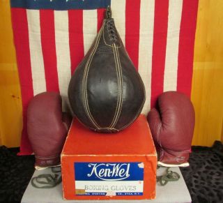 Vintage Hutch Leather Boxing Punching Speed Bag & Ken - Wel Gloves W/box Nos