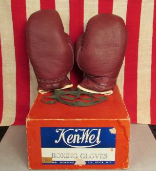 Vintage Hutch Leather Boxing Punching Speed Bag & Ken - Wel Gloves w/Box NOS 3