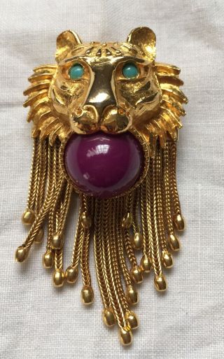 Rare Vintage Pauline Rader Gold Dangle Lion Pendant Brooch Pin Gorgeous Signed