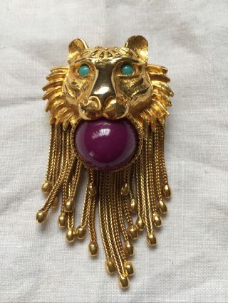 Rare Vintage Pauline Rader Gold Dangle Lion Pendant Brooch Pin Gorgeous Signed 2