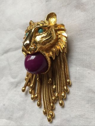 Rare Vintage Pauline Rader Gold Dangle Lion Pendant Brooch Pin Gorgeous Signed 4