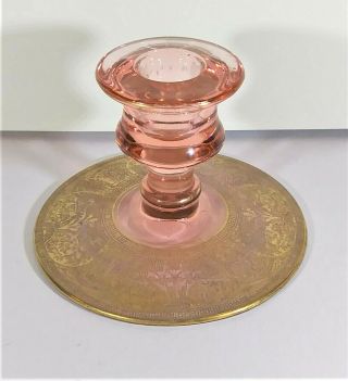 Vintage Pink Depression Glass Small Candle Stick Holder,  Gold Base