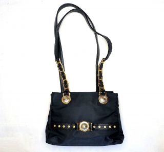 Gianni Versace Shoulder Bag Nylon Leather Gold Silver Sun Big Logo Black Vintage