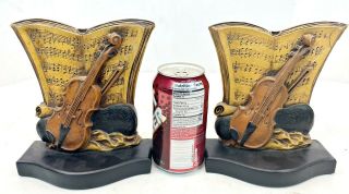 Pair Vintage Syroco Wood Musical Bookends Violin & Sheet Music As - Is