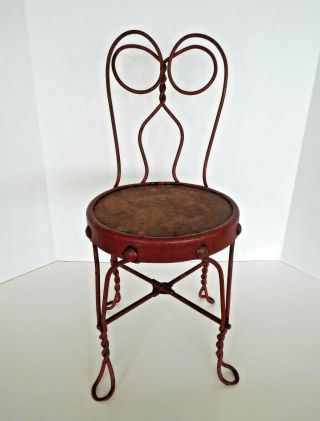 Vintage Child Doll Size Ice Cream Parlor Chair Red Twisted Wrought Iron 21 " Tall