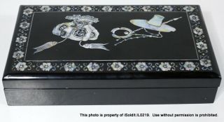 Vintage Smoking Storage Box Black Lacquer W/ Mother - Of - Pearl Inlay Asian