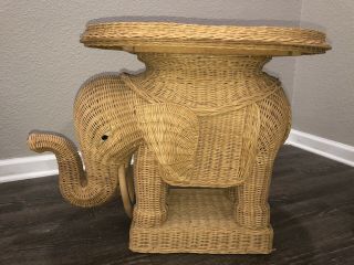 Vintage Wicker Elephant Side End Table Plant Stand Removable Tabletop Boho Chic