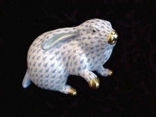 Vintage Herend Blue Fishnet Bunny Rabbit Figurine Handpainted Hungary 5335