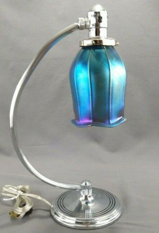 Vintage Chase Chrome Art Deco Table Lamp Blue Aurene Glass Squash Blossom Shade