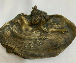 Antique Bronze Art Nouveau Nude Mermaid Woman Jewlery Tray