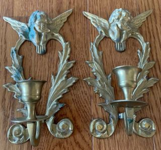 Vtg Cherub Angel Ornate Brass Set Of Art Deco Design Wall Mount Candle Holder
