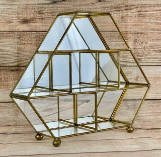 Vintage Mirrored Glass And Brass Curio Cabinet Display Case Small Miniatures 8 "