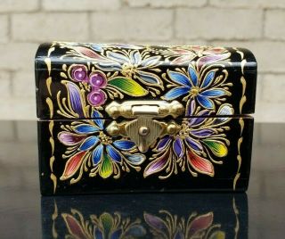 Vintage Black Lacquer Wooden Hinged Trinket Box Metallic Butterfly Flower