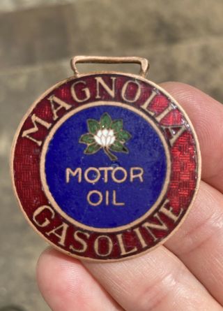Vintage Magnolia Gasoline/motor Oil Enameled Watch Fob W/leather Strap