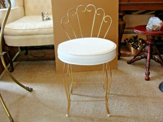 Vintage Mid Century Modern Gold Metal Vanity Stool Chair W White Cushion￼