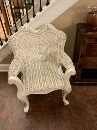 Vintage White Wicker Wood Chair Detailed Boho